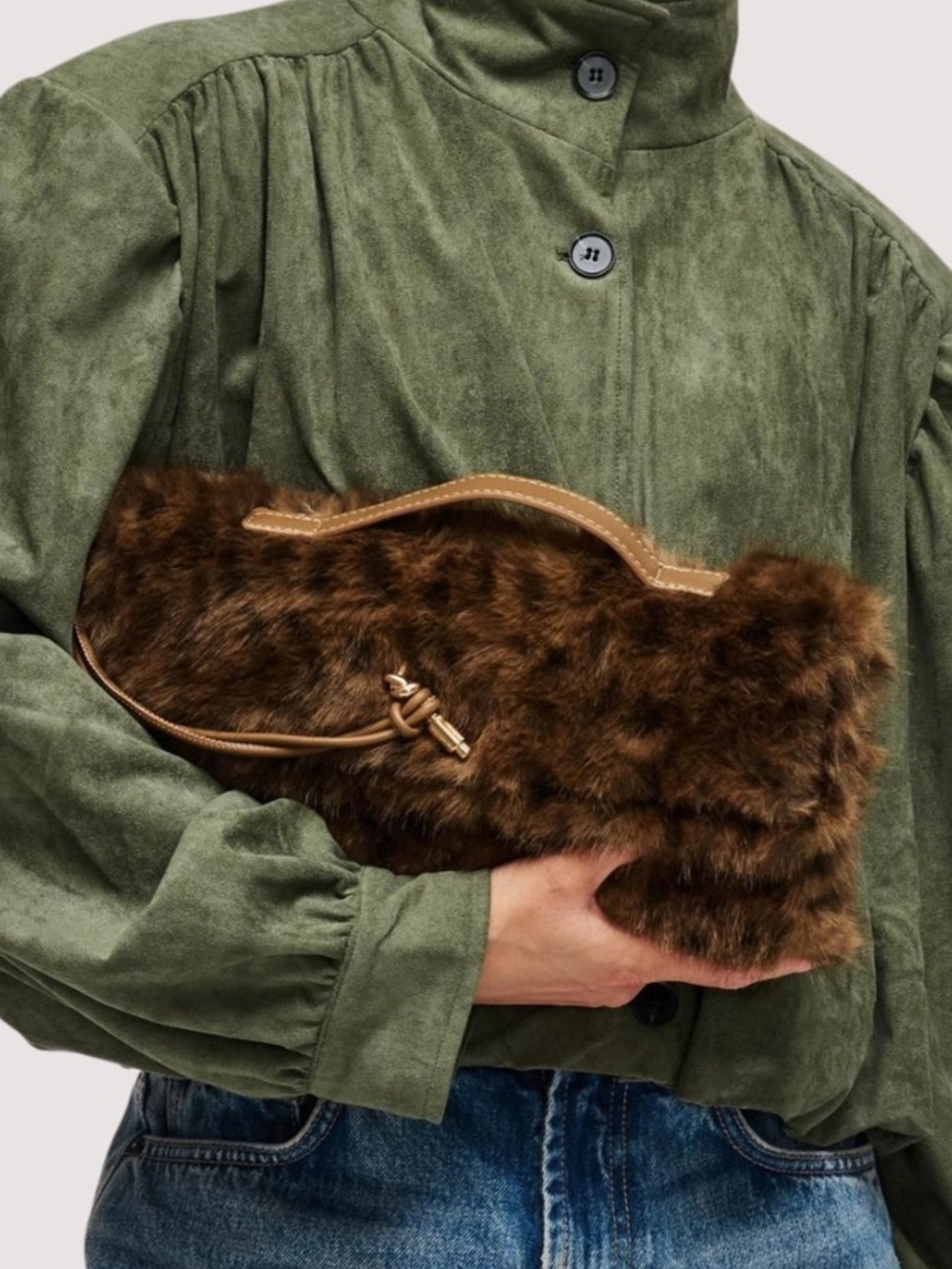 Faux Fur Brown Shoulder Bag with Top Handle
